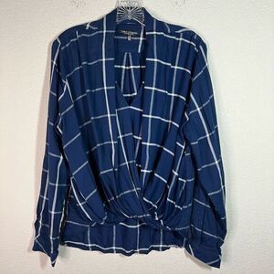 Linea Domani Womens Blue White Twisted Blouse High Low Long Sleeve Stripes Large